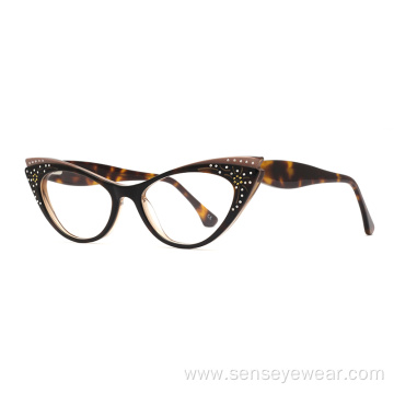 Luxury Women Diamond Cat Eye Acetate Optical Glasses